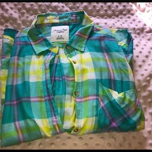 American Eagle, green plaid button up, XL